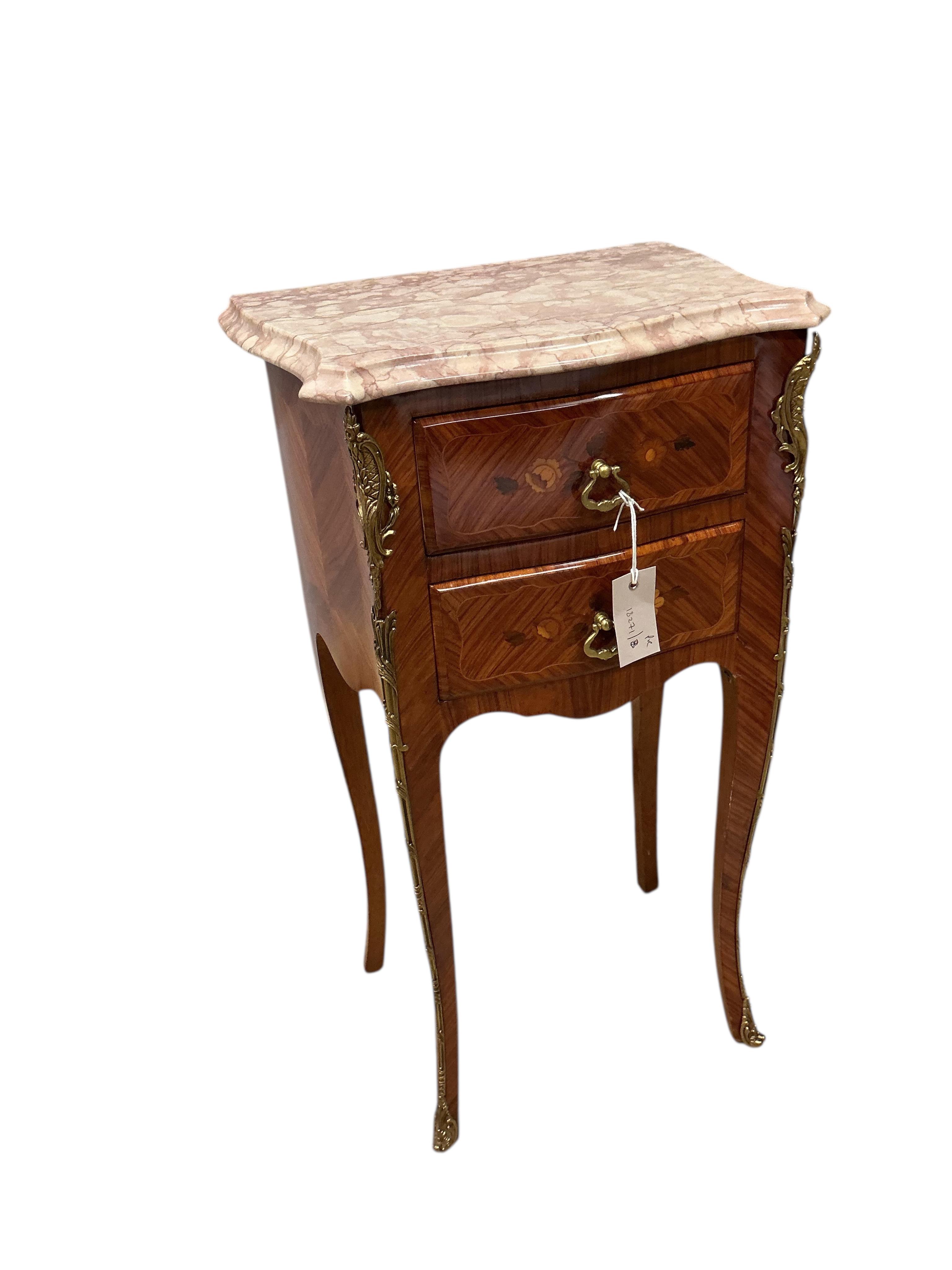 A pair of French inlaid kingwood serpentine marble topped bedside chests, width 38cm, depth 28cm, height 72cm